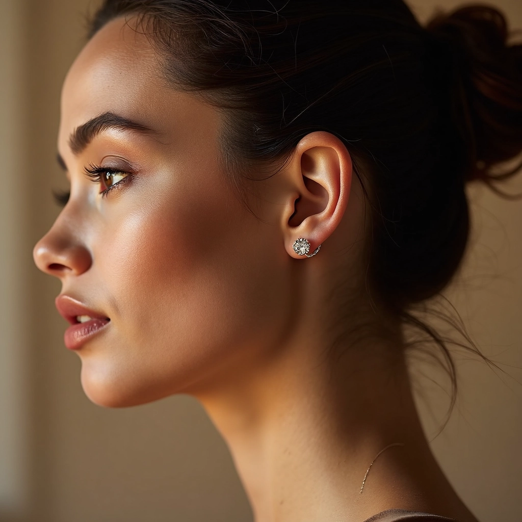 femme portant des petites boucles d'oreilles