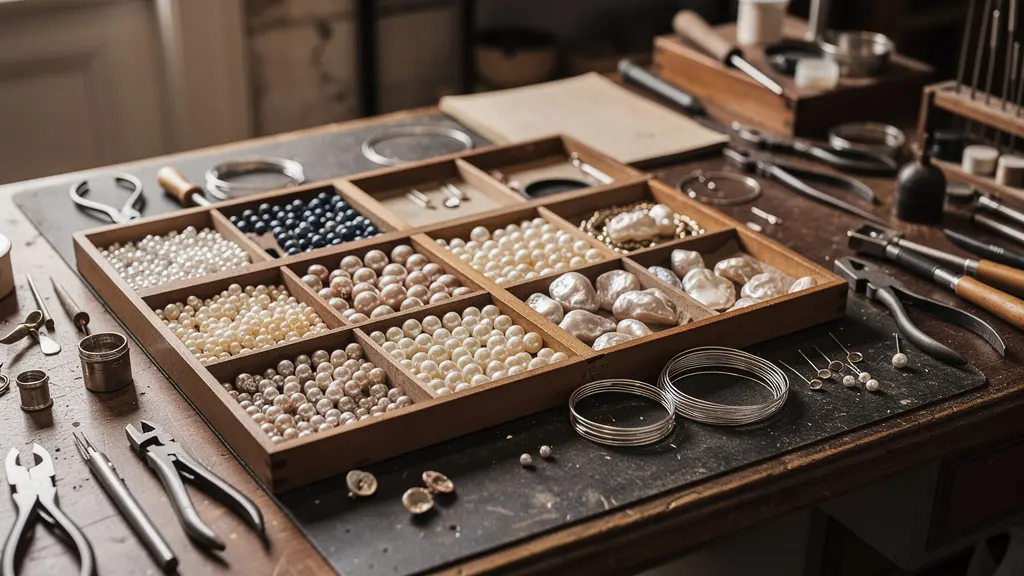 Établi de créateur bijoux avec différents types de perles organisés dans des compartiments