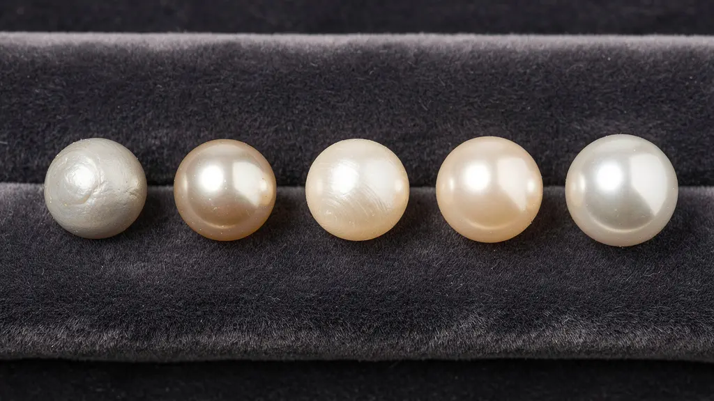 Cinq perles de qualités différentes montrant la progression du lustre terne au brillant